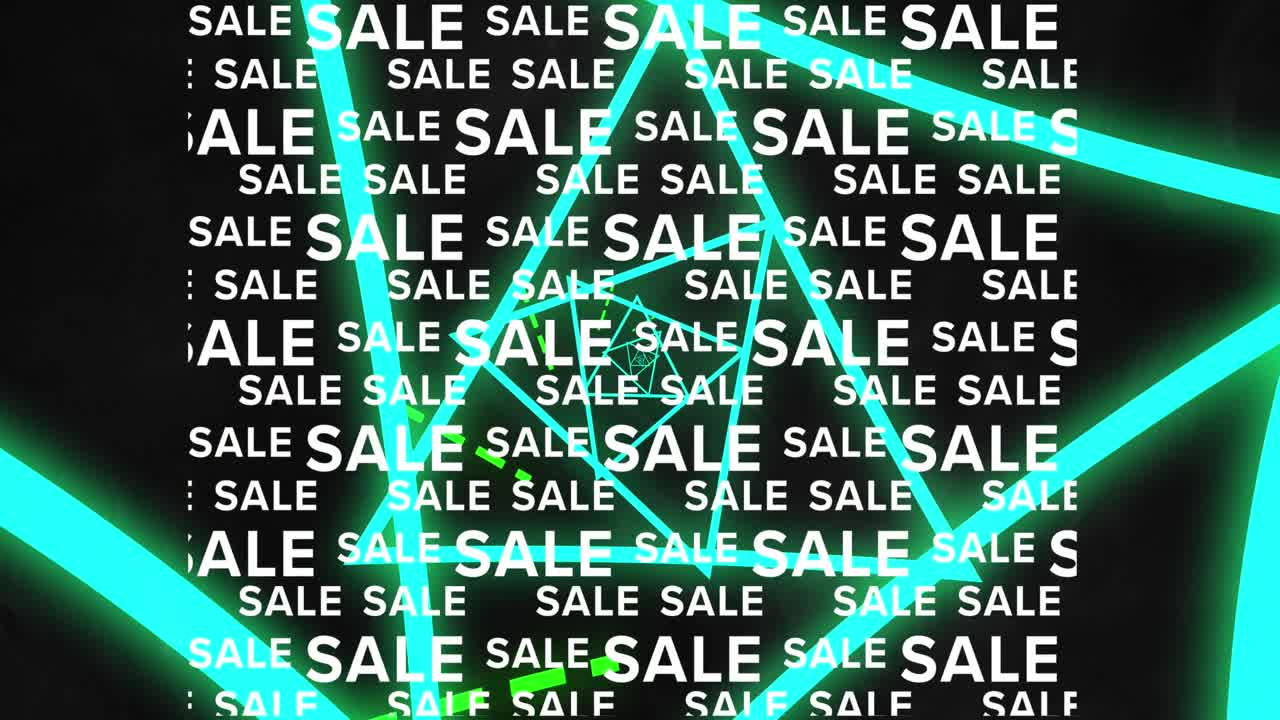 animación de triángulos giratorios y texto de venta en fondo negro