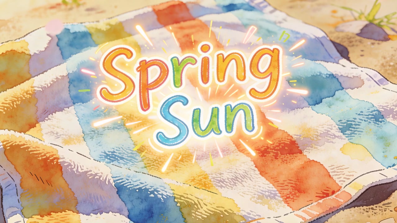 Glowing 'Spring Sun' title and striped towel pulsing sunburst at shoreline patch, sparkling pebbles