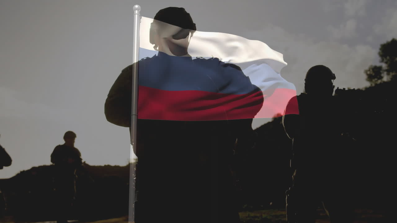 Soldiers standing with Russian flag overlay, creating animation effect outdoors