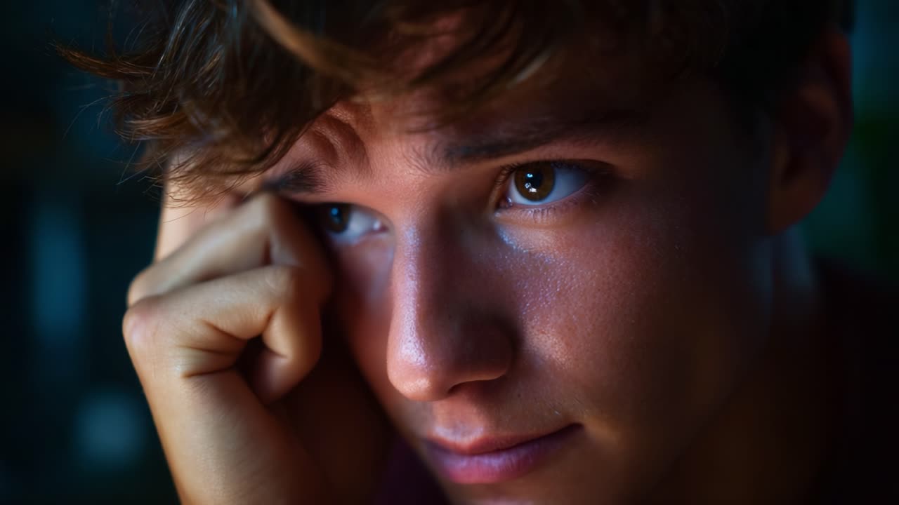 A Young Man's Emotional Journey Captured in Two Frames, Expressing Contemplation, Introspection, and a Moment of Vulnerability in Soft Lighting and Close-Up Detail