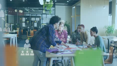 animation of network with data processing over diverse business people working in office