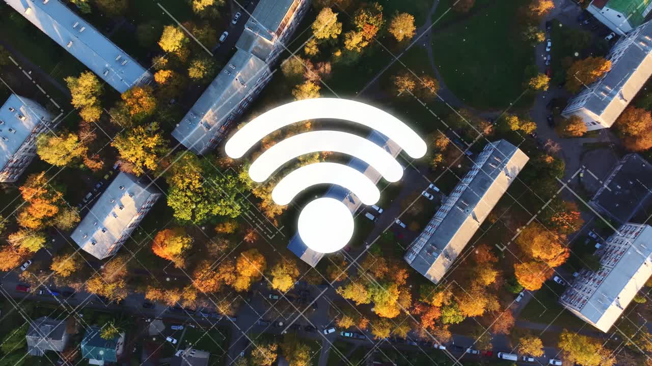 Soviet housing meets digital age Riga’s autumn cityscape, wireless network theme