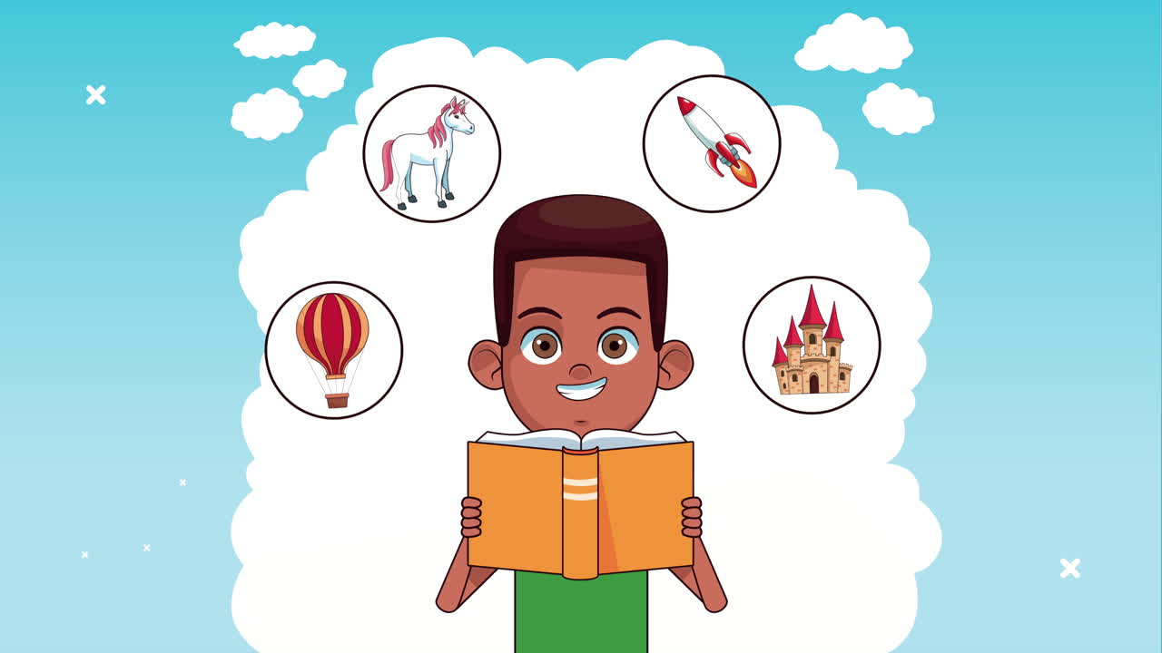 afro niño estudiante leyendo un libro con iconos de fantasía establecidos