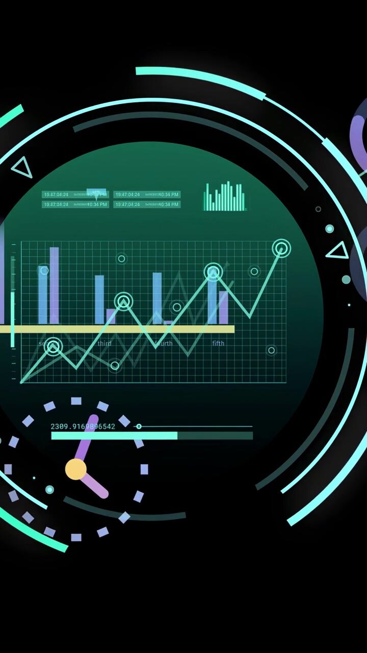 Vertikal video: Pulserende turkise HUD-ringer animeres, oppdaterer diagrammer for å vise analyser.