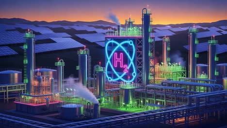 an innovative hydrogen production facility at sunset, showcasing advanced technology and sustainable energy solutions in a vibrant, neon-lit industrial environment
