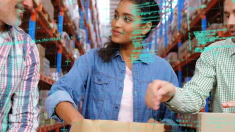 animation of data processing over diverse people working in warehouse