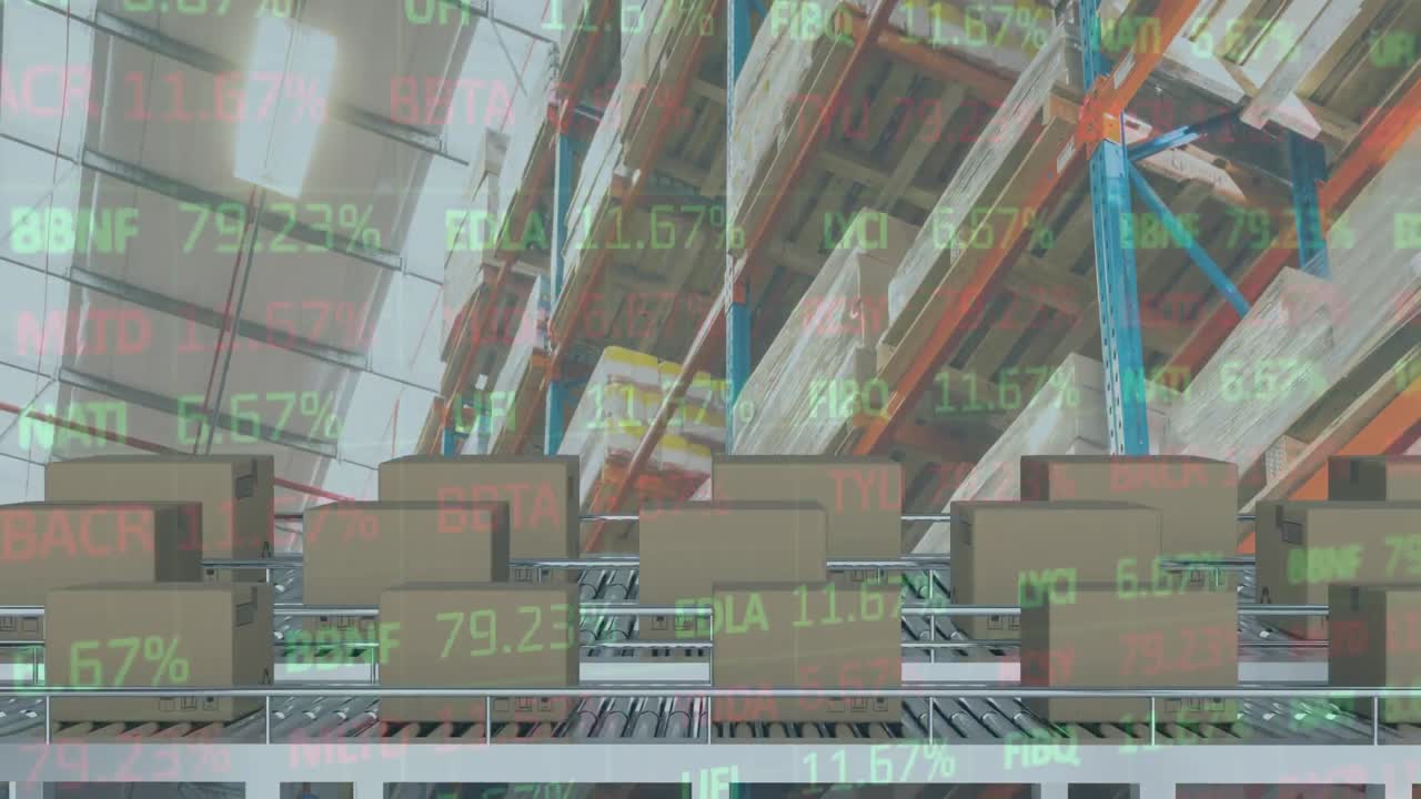 обработка данных фондового рынка по нескольким коробкам доставки на конвейерной ленте против склада