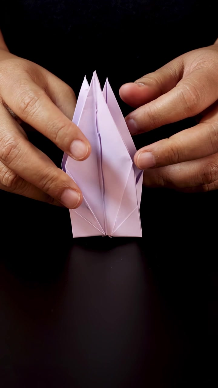 Adult hands carefully fold pastel paper into an origami bird, under soft studio lighting