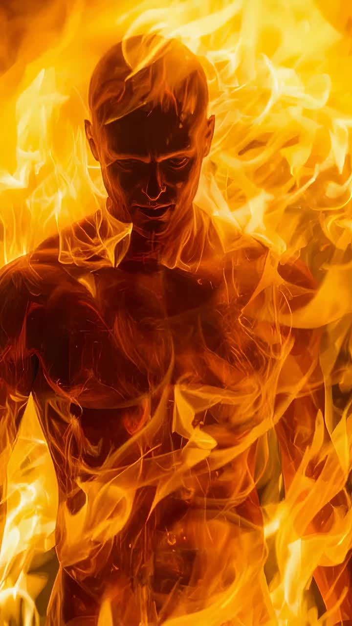 Vertical video: Flames surging around shirtless man breathing and facing camera on set for drama