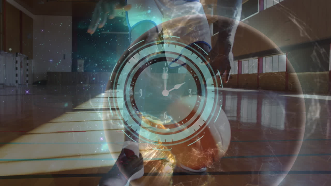 анимация сети связей и глобуса над афроамериканским баскетболистом