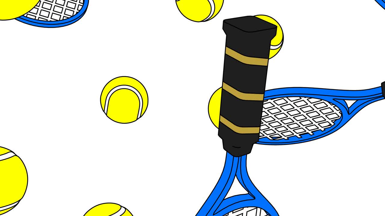 색 배경에 색 테니스 공과 파란색 테니스 래켓이 있습니다.