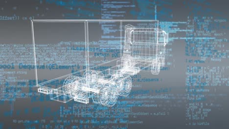 Animation-Eines-LKW-Projekts,-Das-Sich-über-Die-Datenverarbeitung-Im-Grauen-Und-Blauen-Raum-Dreht