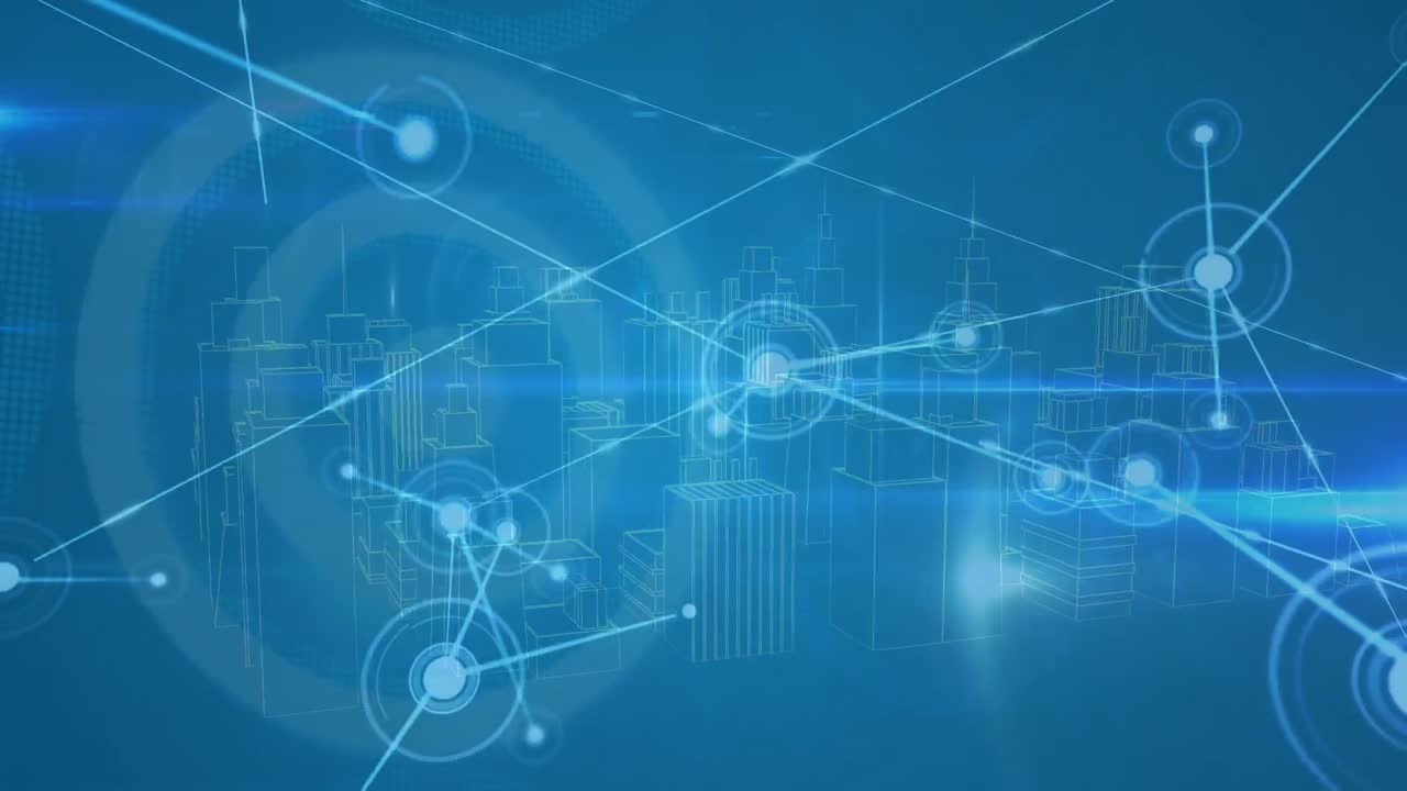 animación de la red de conexiones sobre el modelo de paisaje urbano 3d girando contra fondo azul