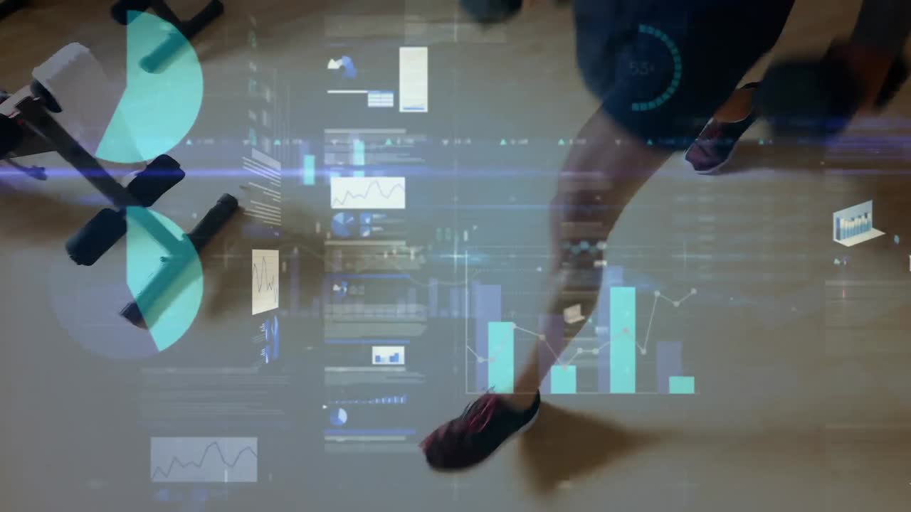 체육관에서 운동하는 건강한 사람에 대한 연결 네트워크와 데이터 처리의 애니메이션