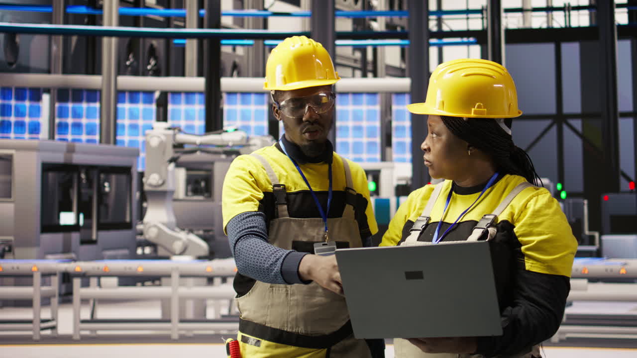 Vertical video Smart factory engineering team using laptop to calibrate high tech machinery