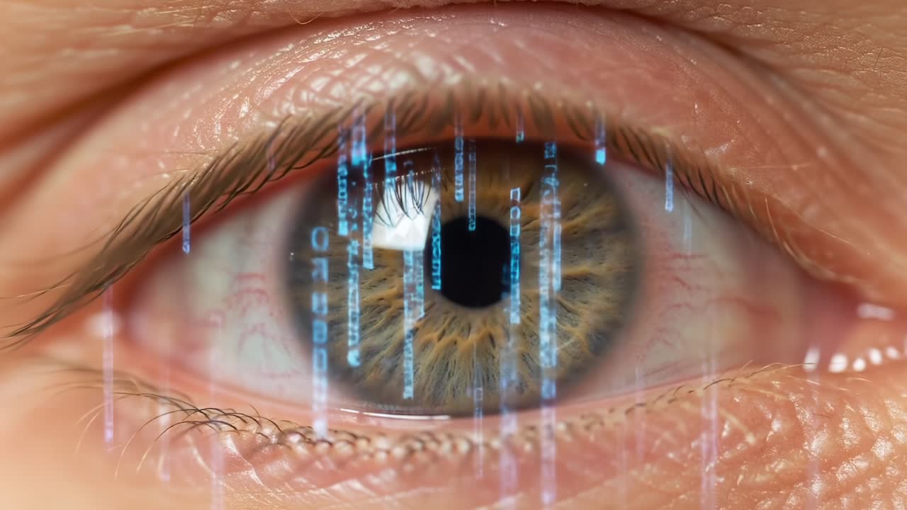 An Intriguing Close-up View of a Human Eye Enhanced with Digital Elements, Featuring a Blend of Natural Beauty and Technological Imagery for Captivating Visual Impact