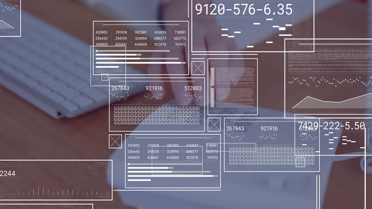 Female professional using laptop trackpad on wooden desk, displaying animated tech HUD data charts