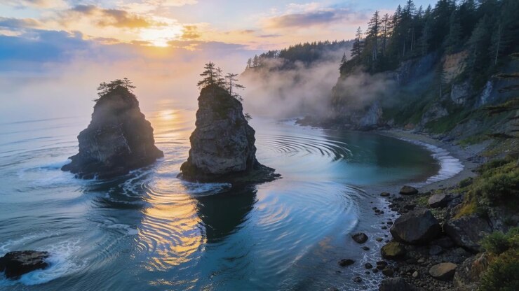 Sole che tramonta proietta una luce dorata su due faraglioni e una cala, con increspature che si espandono e nebbia che si sposta.