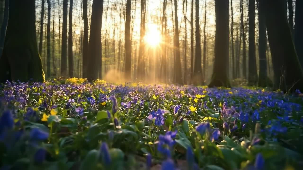 Low-angle video shot of a serene forest with sunlight filtering through trees, highlighting blooming