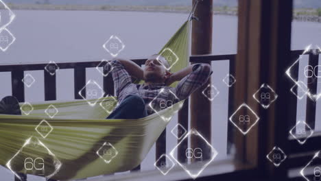 relaxing in hammock, man using 6g technology with animation overlay