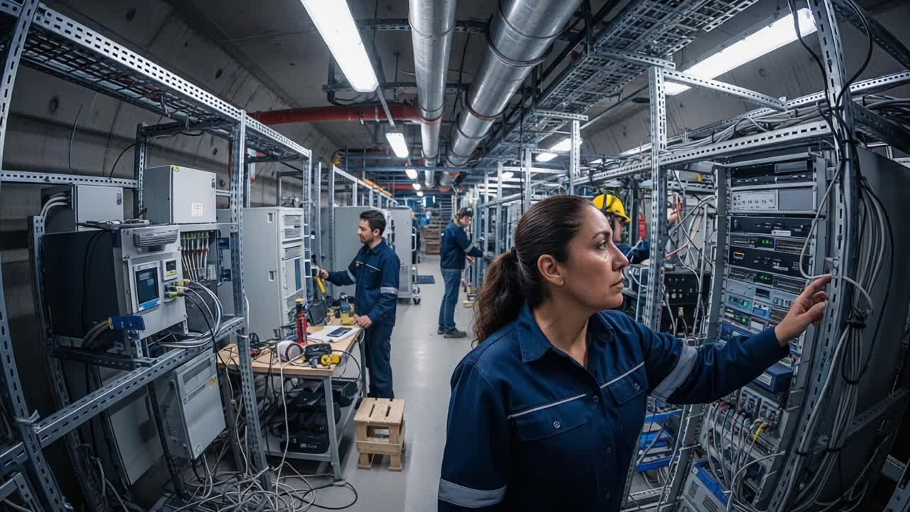 Un equipo especializado trabaja con tecnología avanzada en una sala de servidores de alta tecnología, centrado en el mantenimiento y la administración de la infraestructura y la conectividad.