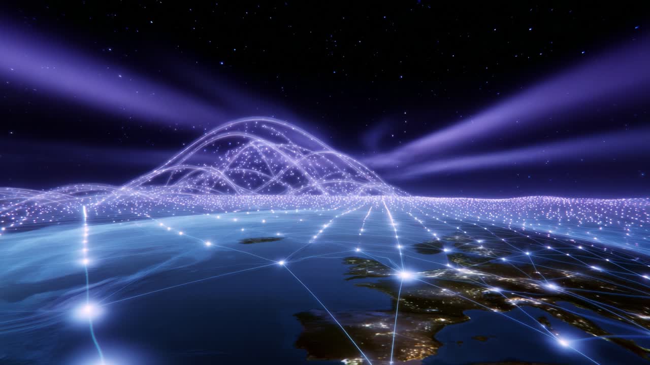 An Awe-Inspiring View of Earth from Above, Showcasing a Network of Glowing Connections Crisscrossing the Globe Against a Starry Night Background, Emanating a Sense of Global Unity and Modern Technology