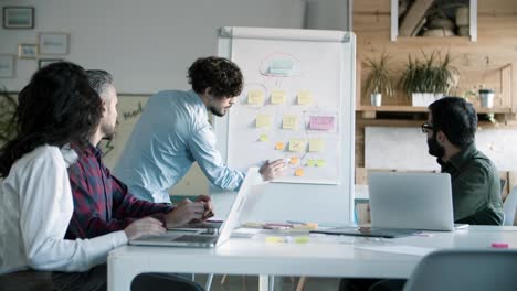 focused young man in eyeglasses explaining strategy to coworkers