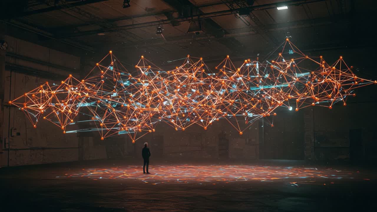 A Striking Representation of Connectivity: A Stunning Visual Display of Intertwined Nodes and Dynamic Light Patterns Illuminating a Dim Warehouse Space