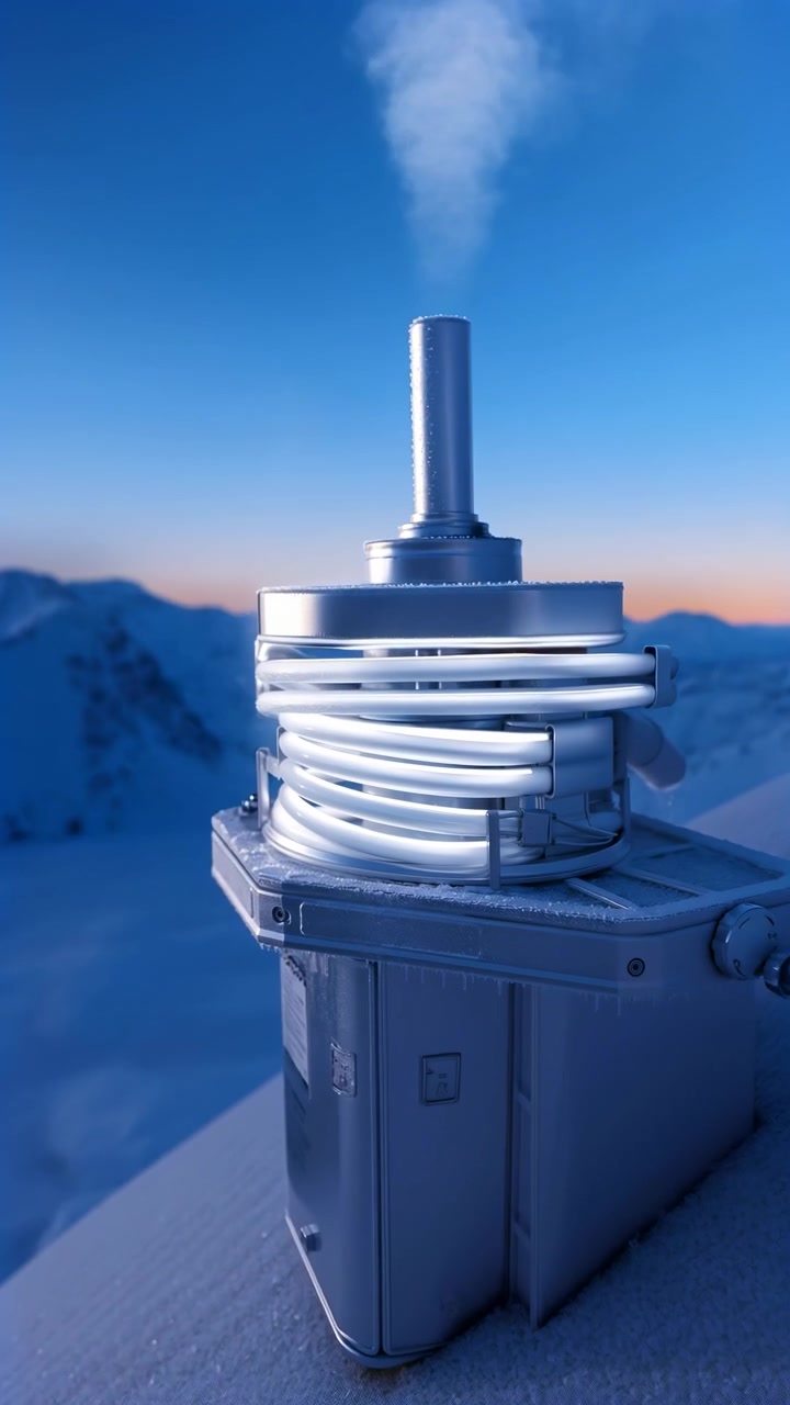 La telecamera si allarga costantemente da un primo piano di macchinari ghiacciati mentre il vapore bianco sale da un'uscita verticale, rivelando brina sulle superfici metalliche, tubi avvolti, pendii innevati e il caldo bagliore dell'orizzonte.