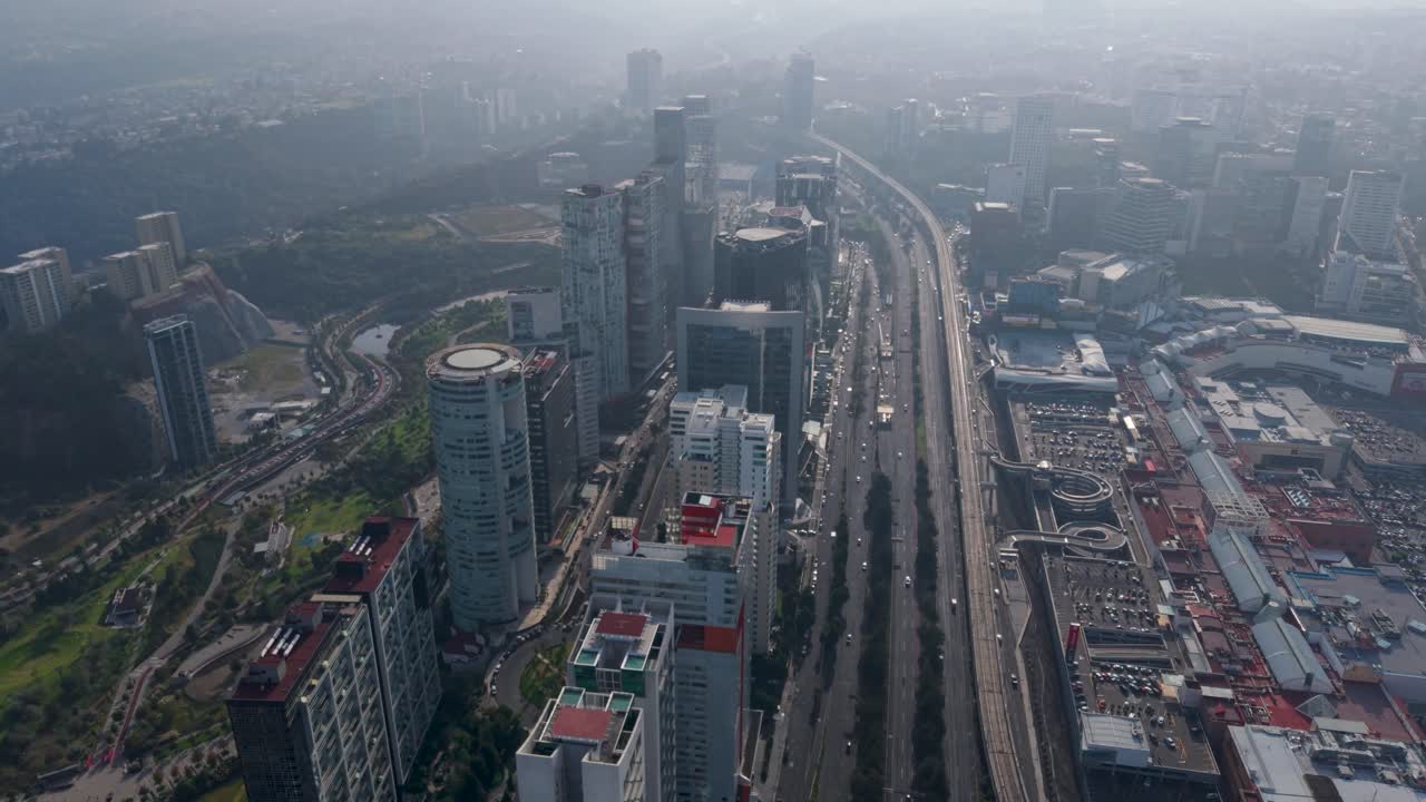 Smoggy skyline of Santa Fe seen from above, Mexico City