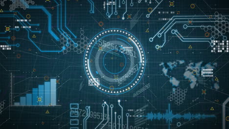 animation of circles over graph, map and circuit board pattern against abstract background