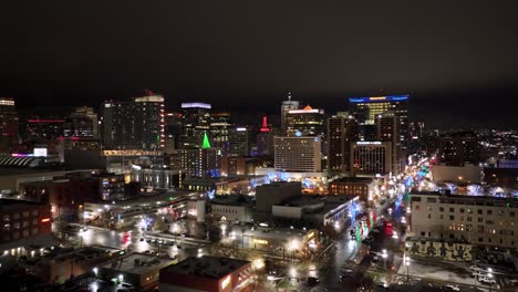 salt lake city, utah at nighttime - pullback aerial flyover