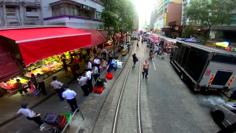 pov hong kong city streets from tramways.