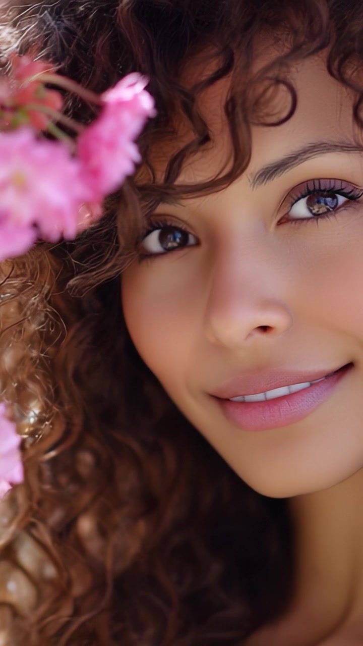 Ritratto Accattivante di una Giovane Donna con Bellissimi Ricci Circondata da Delicati Fiori Rosa in un Contesto Naturale che Evoca Gioia e Serenità.