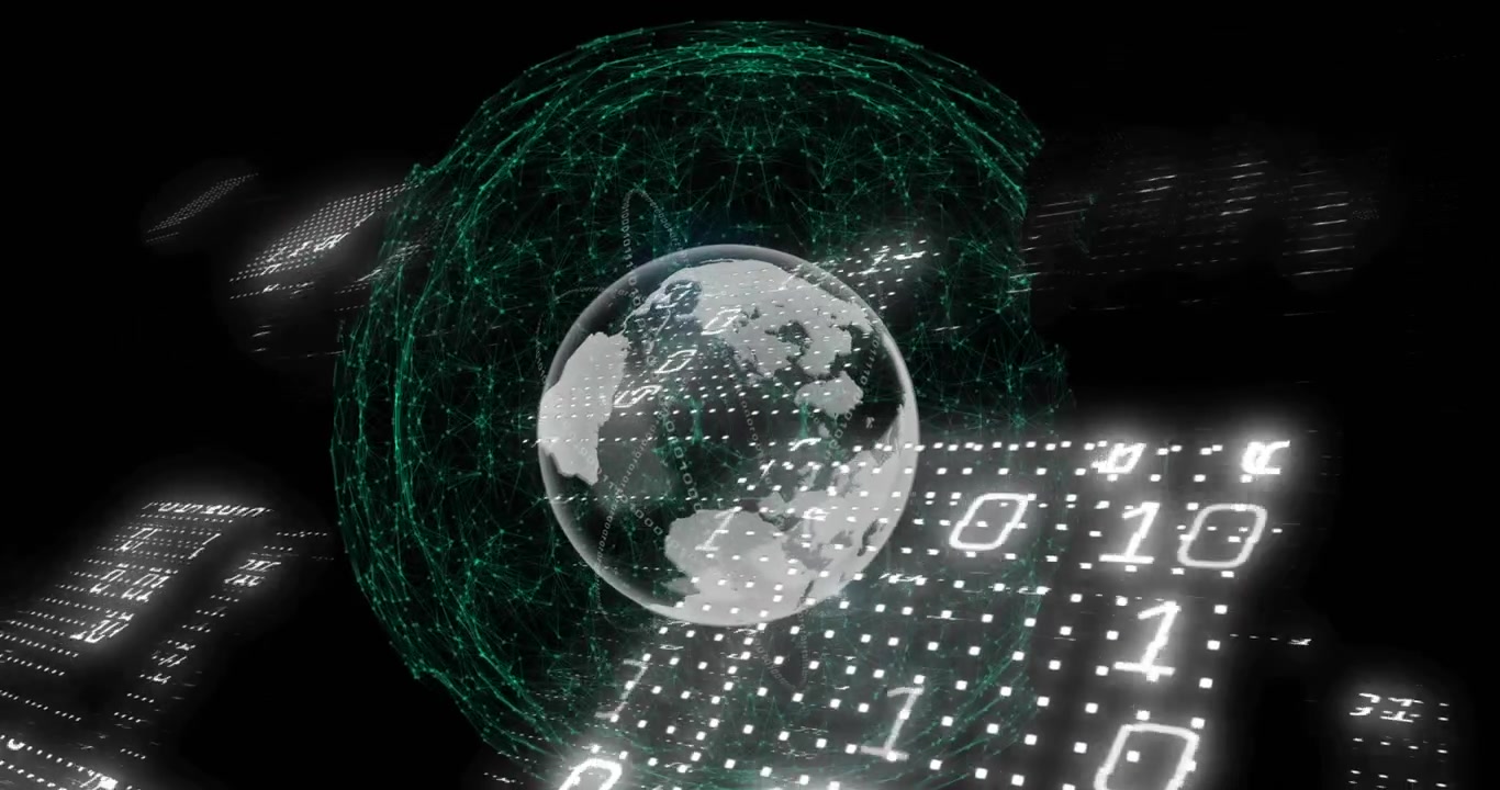 Animation of binary coding and network of connections over spinning globe against black background