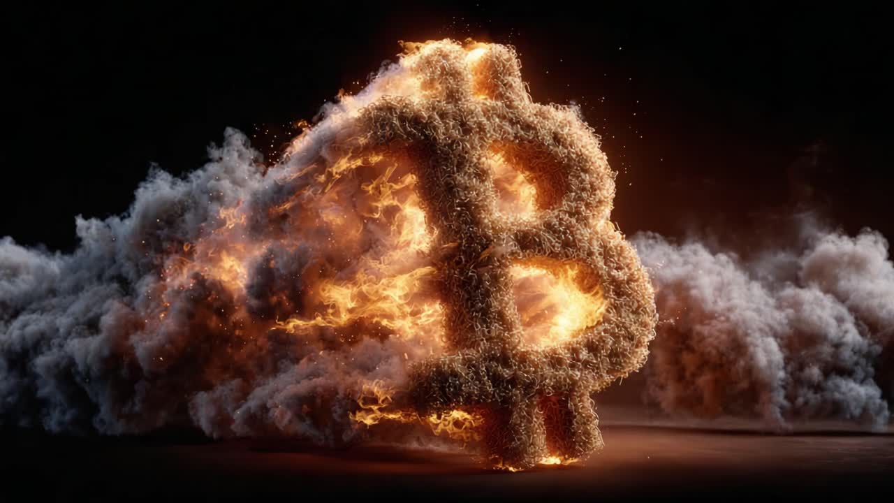 Explosive Bitcoin Symbol Ignited Amidst Billowing Flames and Smoky Clouds, Representing the Fiery Nature of Cryptocurrency Evolution and Digital Finance Revolution