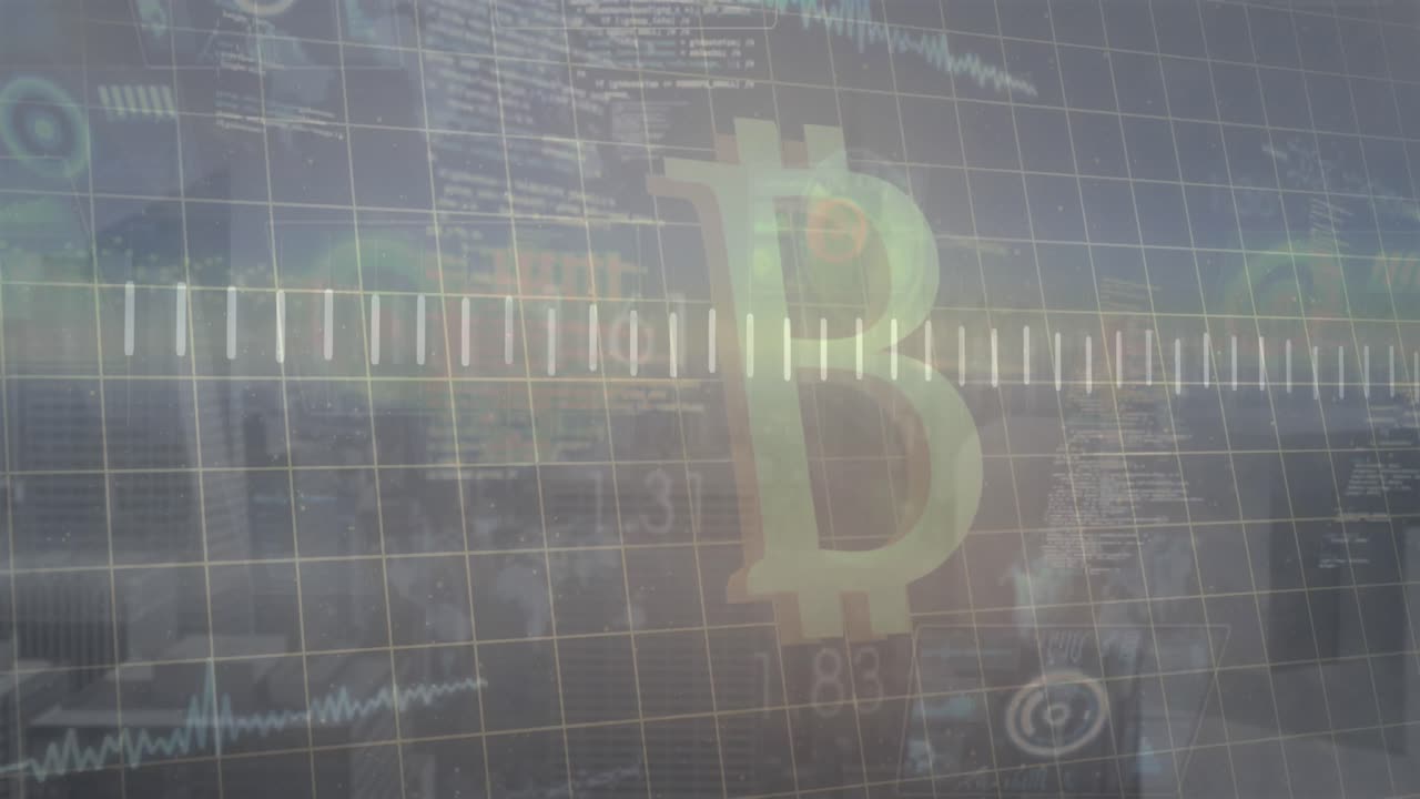 animación del símbolo de bitcoin, escáneres redondos y procesamiento de datos contra la vista aérea del paisaje urbano.