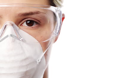 Scientist-woman-portrait-close-up-half-face-character-series-isolated-on-pure-white-background