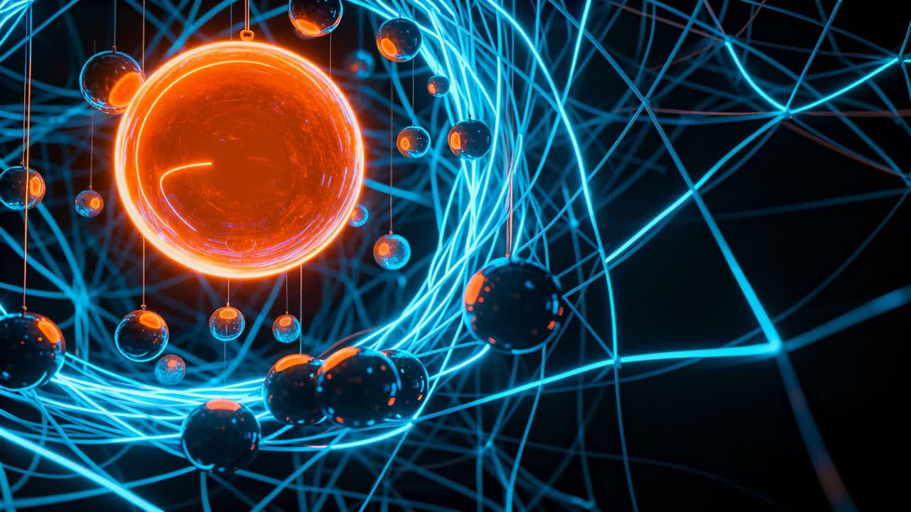 Filamenti blu neon rotanti che si stringono attorno a una grande sfera arancione nel vuoto, attirando le sfere verso l'interno.