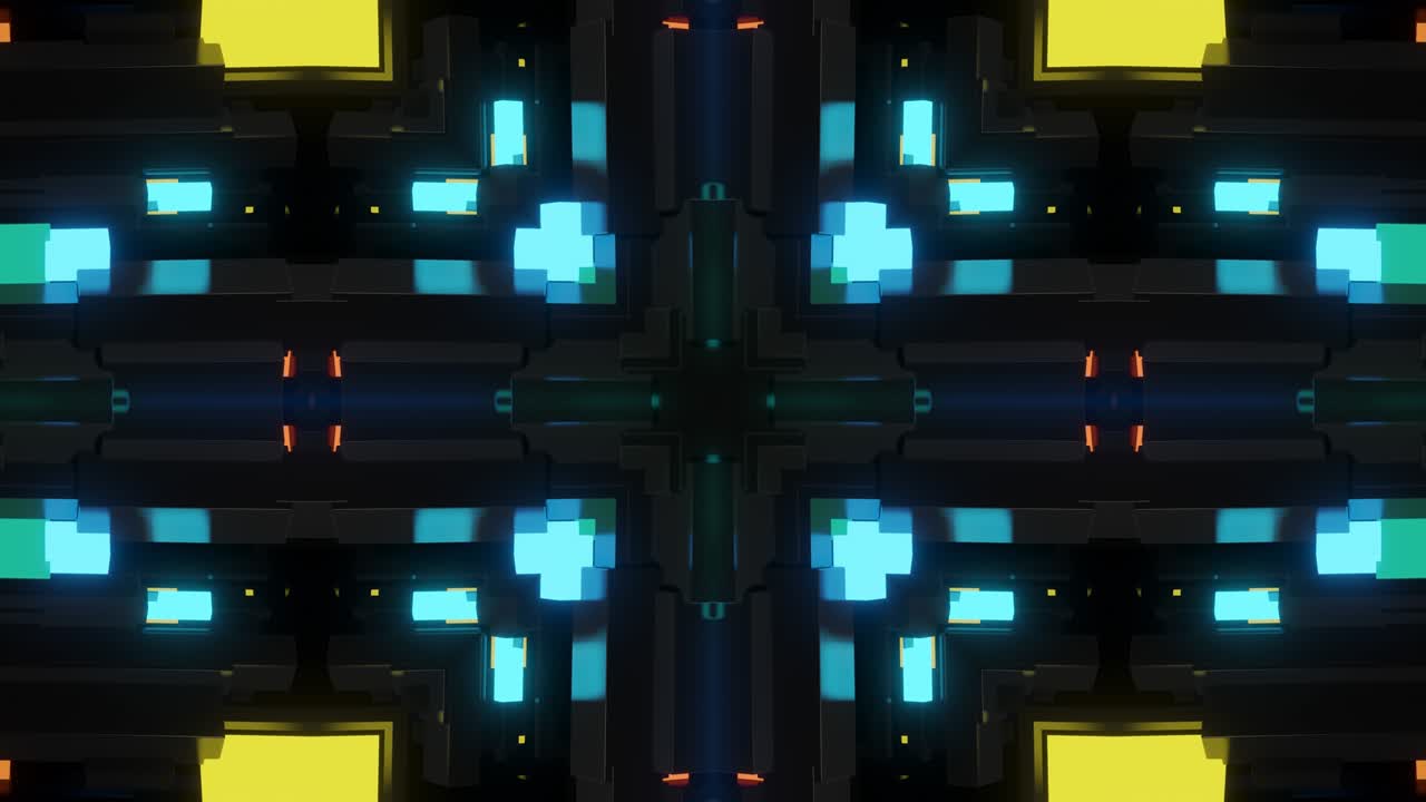 4k fondo de bucle oscuro con mecanismo simétrico abstracto y luz de neón. ciencia ficción cyberpunk bg para espectáculos o eventos, exposiciones, festivales o conciertos, videos musicales, bucle vj para clubes nocturnos