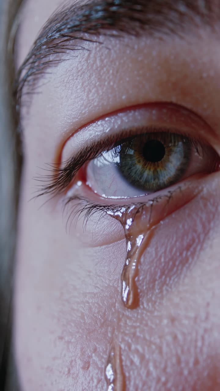 Close-up video still of a teary eye, capturing raw emotion. The angle highlights the eye's detail