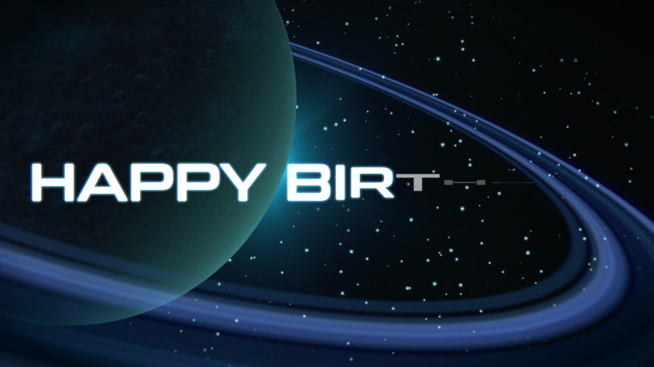 Joyous birthday greetings with a colorful purple planet on blue