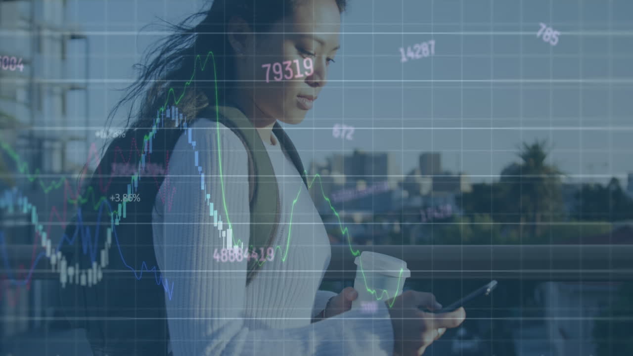 Animation of graphs and changing numbers over asian woman walking and using smartphone