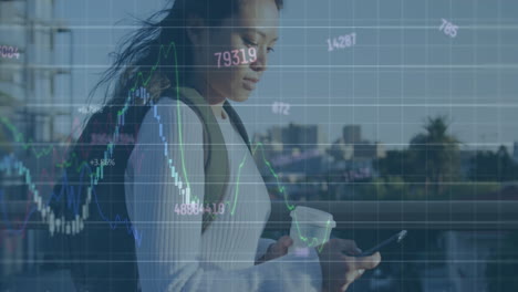 animation of graphs and changing numbers over asian woman walking and using smartphone