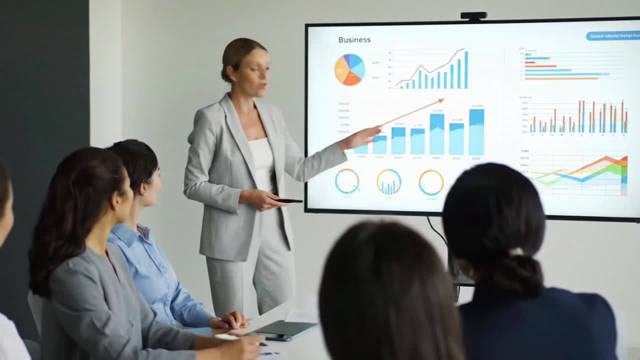 Businesswoman Giving a Presentation with Data Charts and Graphs