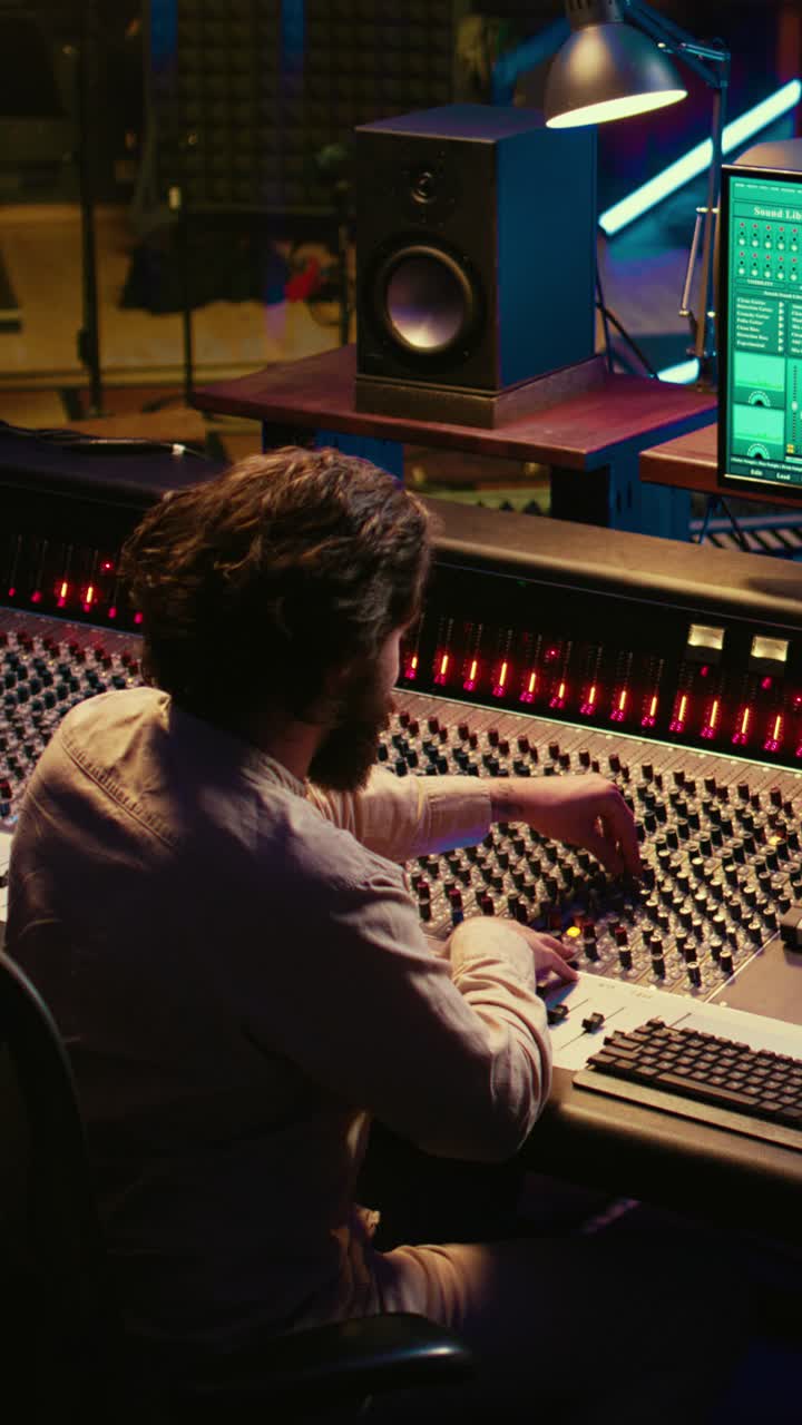 Ingegnere audio uomo che modifica la console di mixaggio audio in uno studio di registrazione