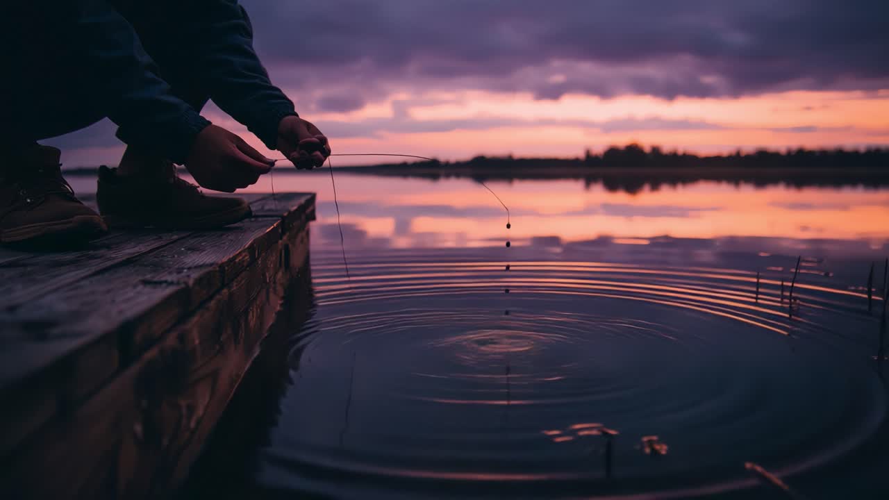 Captivating Evening Scene of a Fisherman Casting His Line at Dusk, as Soft Ripples Form on the Water's Surface Under a Beautifully Hued Sky, Creating a Serene Recreational Ambiance