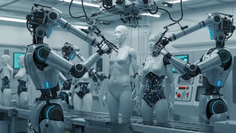 futuristic robotic assembly line showcasing collaboration between advanced robotics and human-like androids in a high-tech production environment