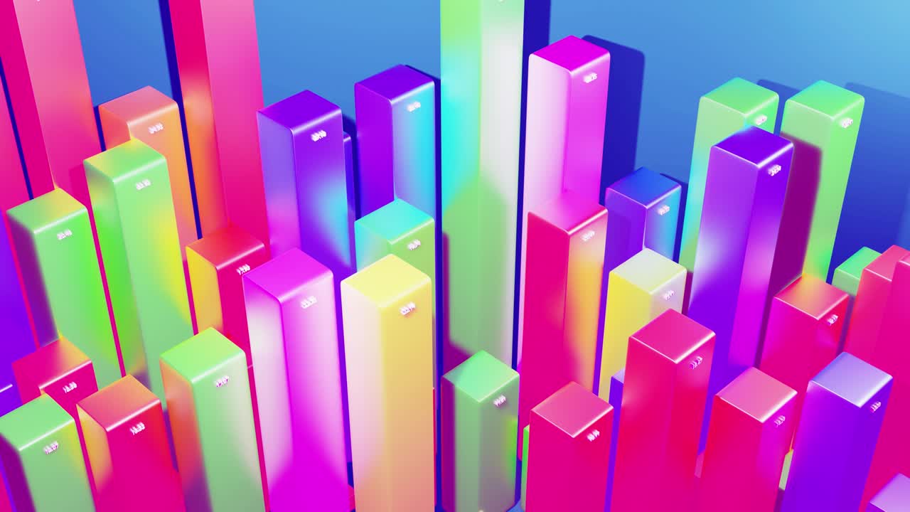 hermoso fondo en bucle 3d para programas analíticos con infografías abstractas, datos estadísticos. barras multicolores, contadores y gráficos. columnas 3d se mueven suavemente arriba y abajo en bucle. bg financiero