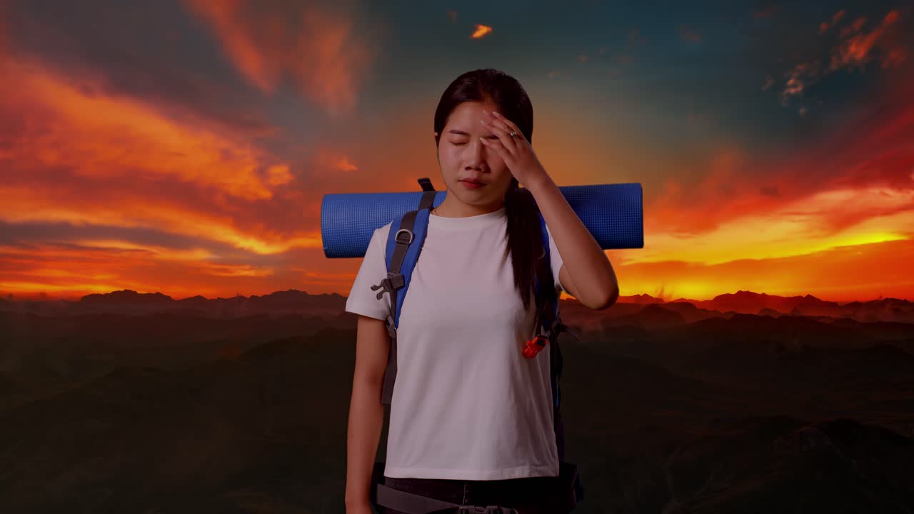 해가 지는 동안 두통 을 고 있는 피곤 한 산책자